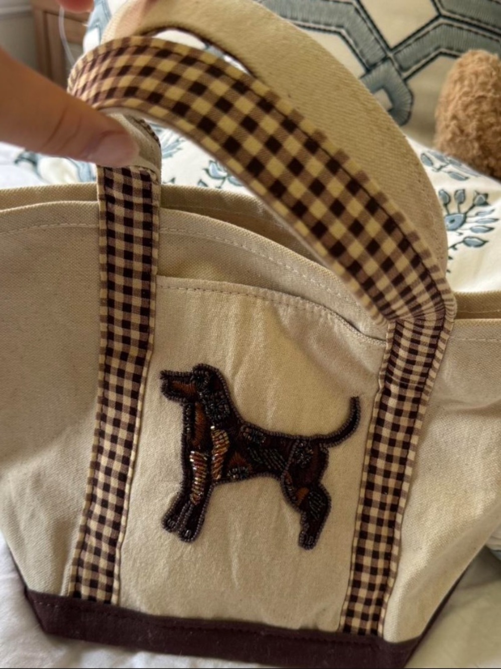 Anthropologie Brown Dog Gingham Canvas Tote